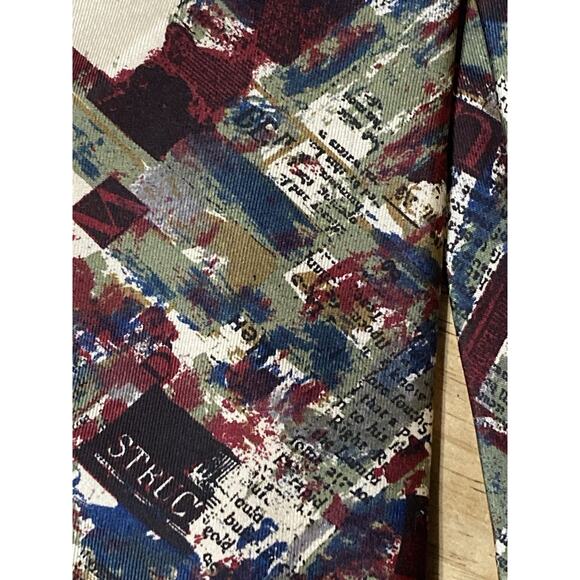 Structure VTG Abstract Olive Green Blue Dark Red White 100% Silk Tie - Picture 3 of 6